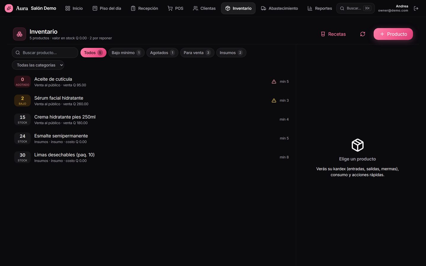 Inventario de Aura: productos con existencia, costo promedio y movimientos de kardex