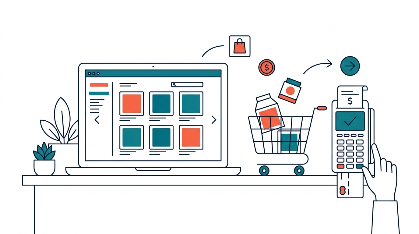 Ilustración de tienda en línea: laptop con catálogo, carrito de compras y terminal de pago