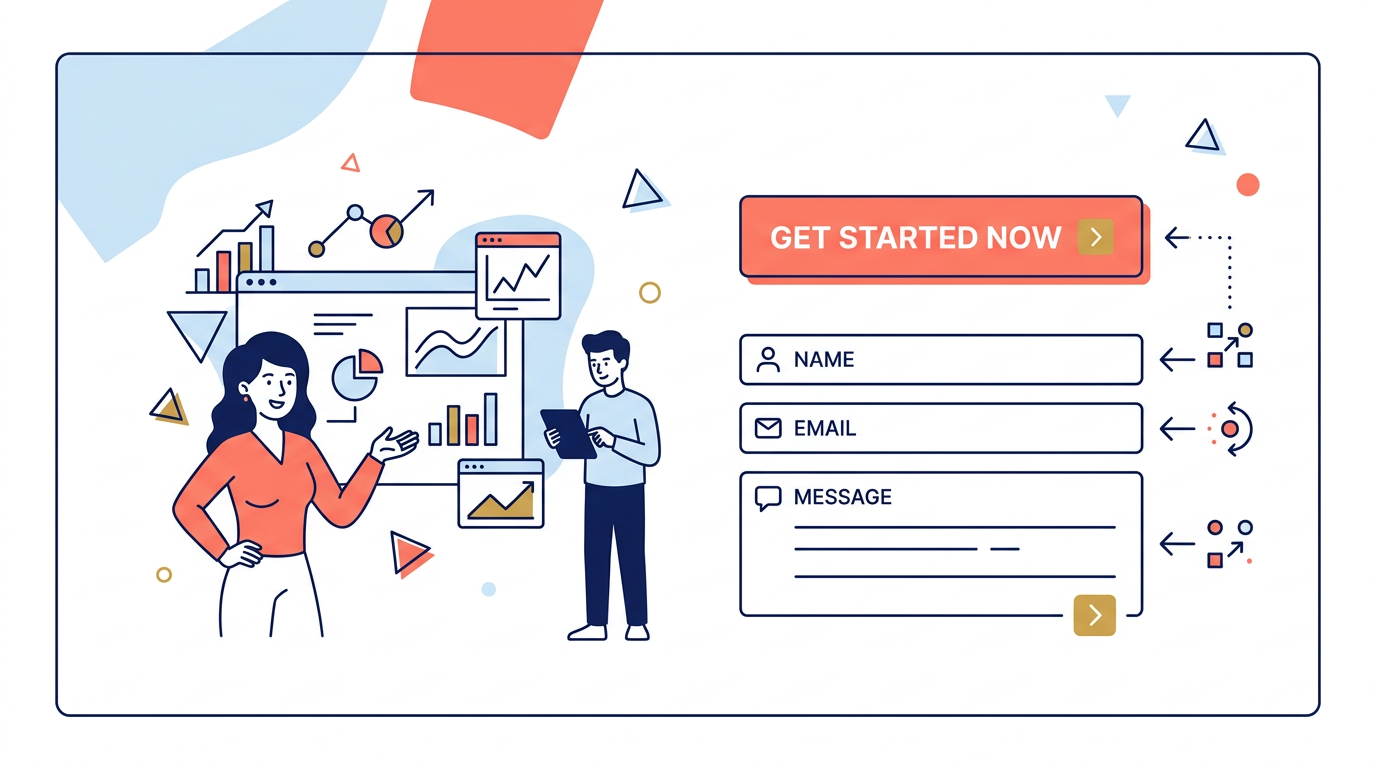 Ilustración de landing de campaña: página con hero, CTA y formulario de conversión